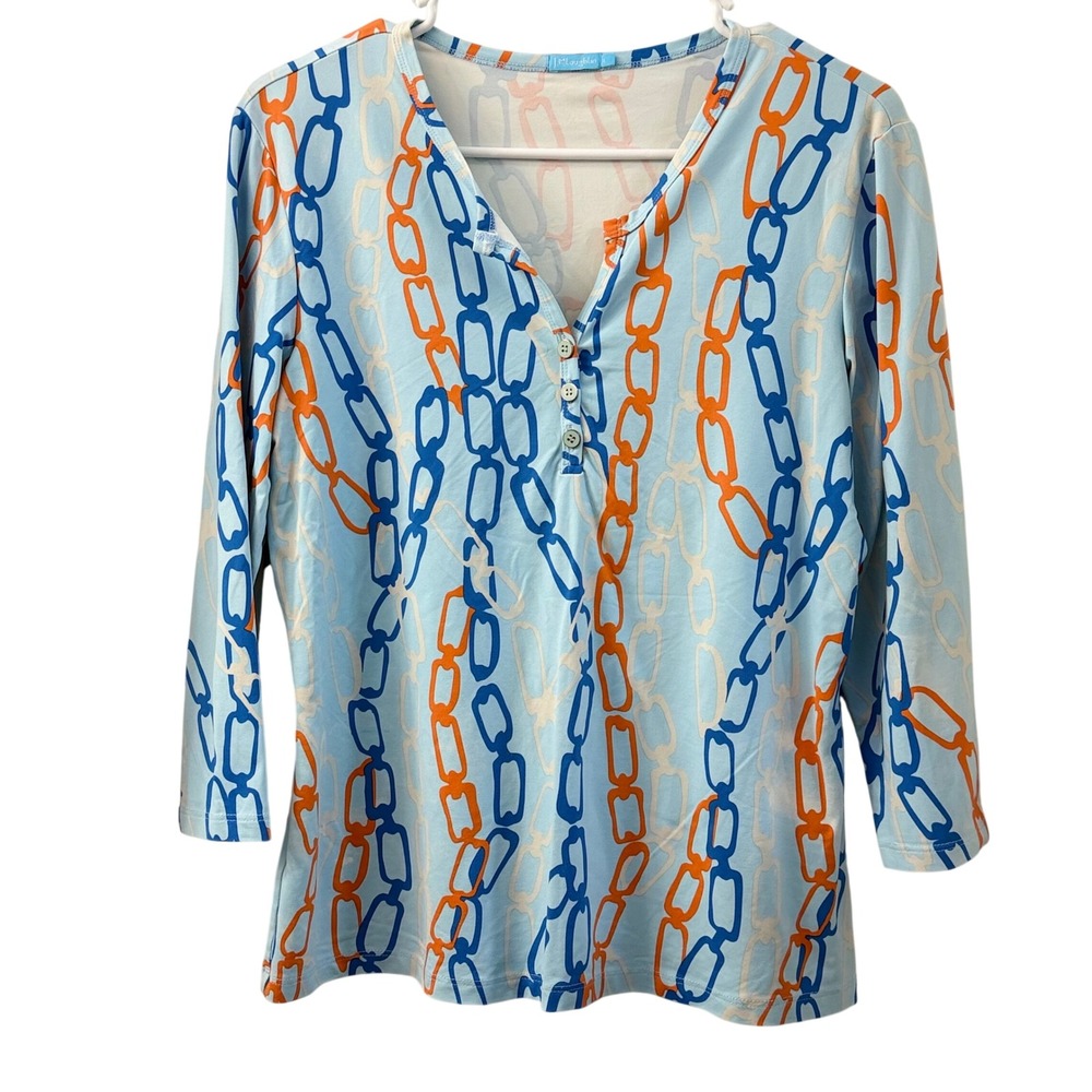 J. McLaughlin Light Blue Orange Chain Print 3/4 Sleeve V‎ Neck Top Shirt Size L